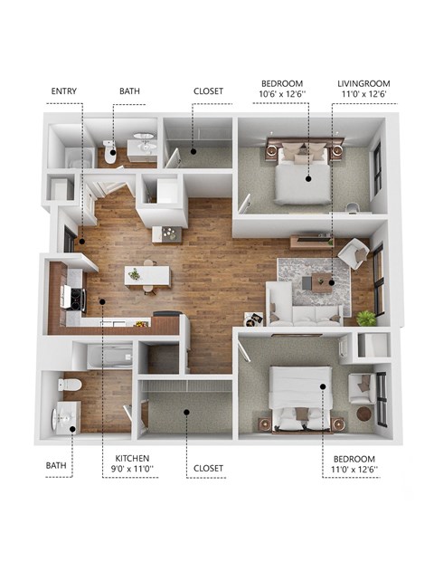 Floor plan for 2 beds, 2 baths, 954 sqft